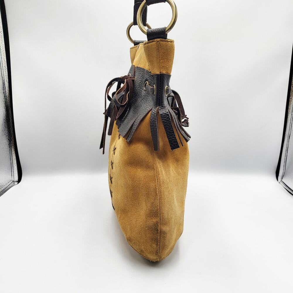 Vintage Inge Sport Boho Yellow Tan Suede Stitched Fringe Accent Shoulder Bag - Picture 4 of 12